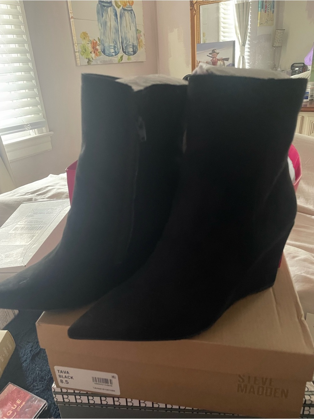 Shoe Dazzle Black Pointed Wedge Ankle Boots
